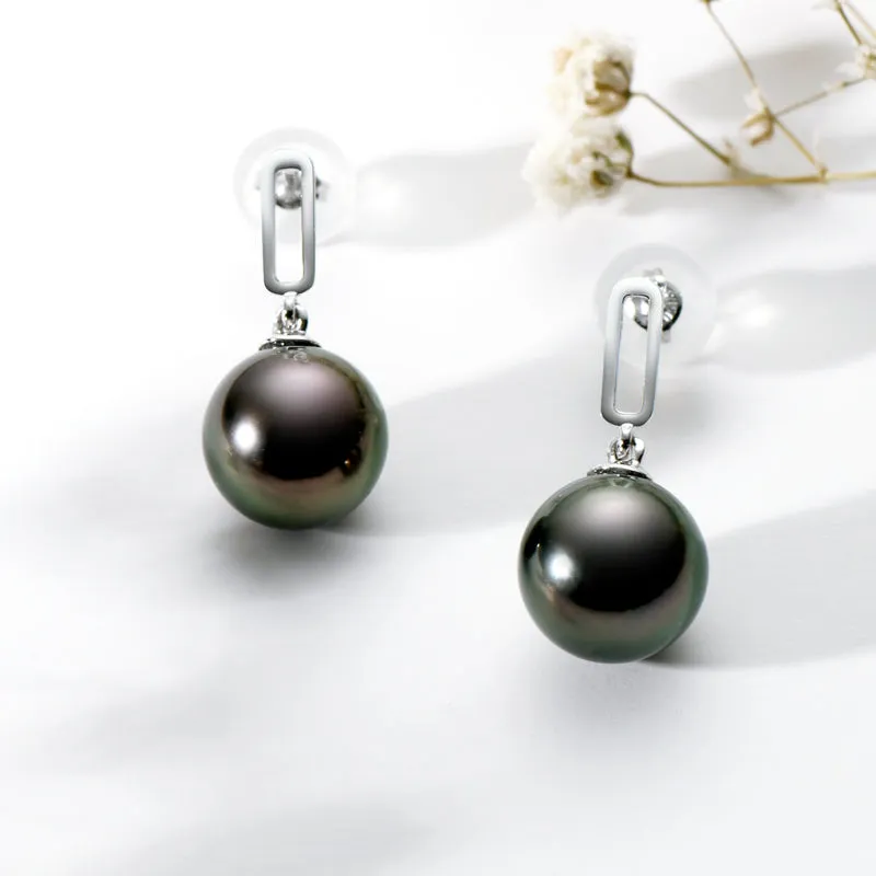 18K Gold Black Tahitian Southsea Cultured Pearl Geometric Drop Earring