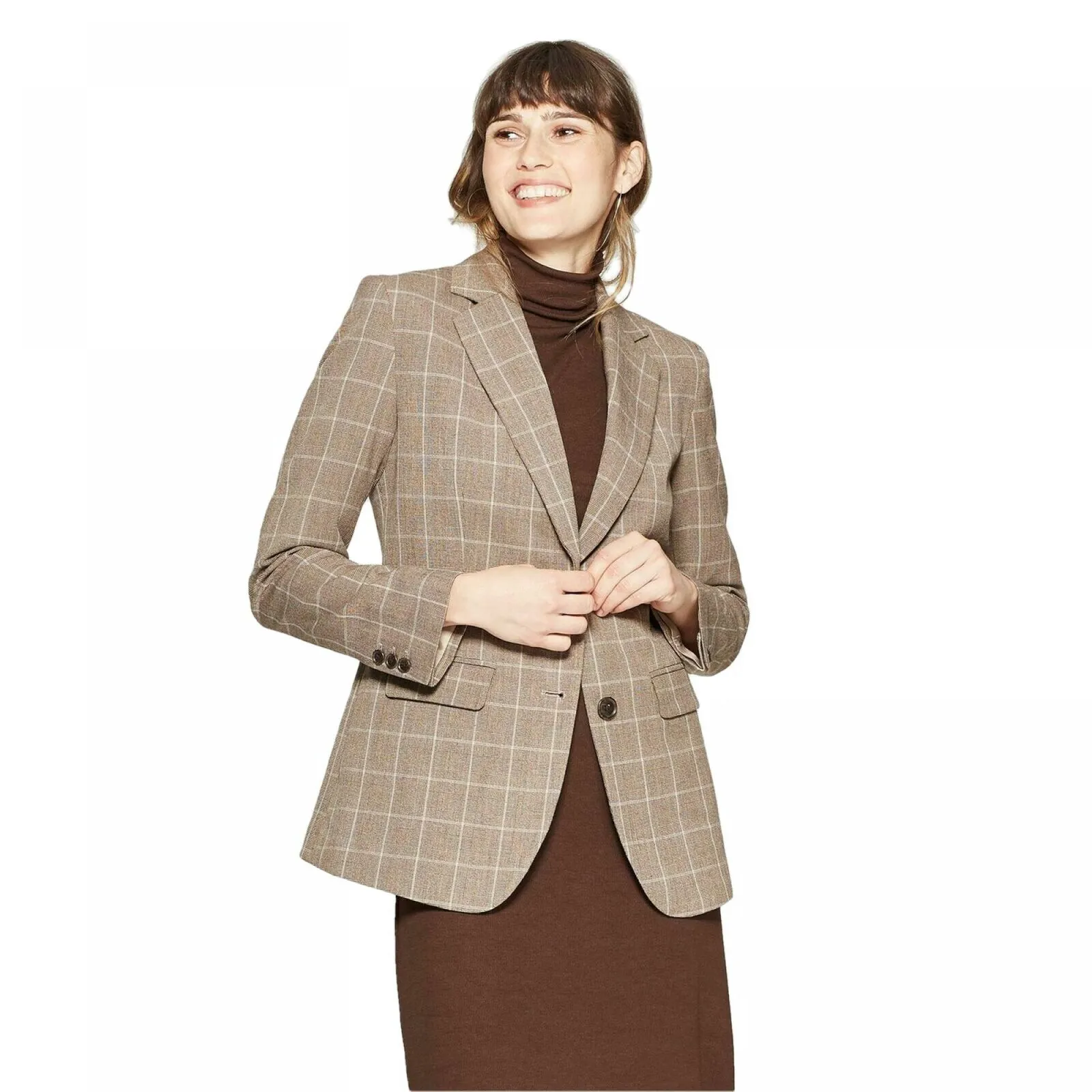 A New Day Women's Plaid Long Sleeve Button-Front Bi-Stretch Twill Blazer
