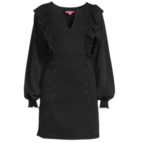 Betsey Johnson Acid Wash Split Neck Ruffle Mini Dress Long Sleeve Black Medium
