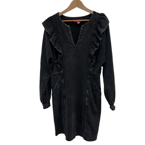 Betsey Johnson Acid Wash Split Neck Ruffle Mini Dress Long Sleeve Black Medium