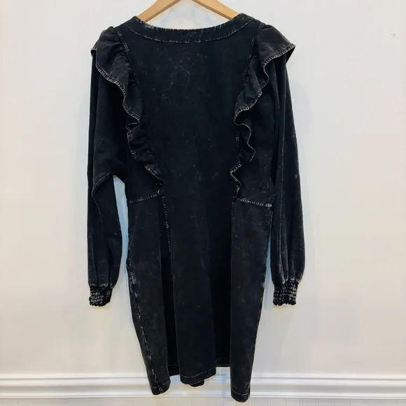 Betsey Johnson Acid Wash Split Neck Ruffle Mini Dress Long Sleeve Black Medium