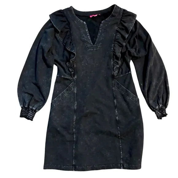 Betsey Johnson Acid Wash Split Neck Ruffle Mini Dress Long Sleeve Black Medium