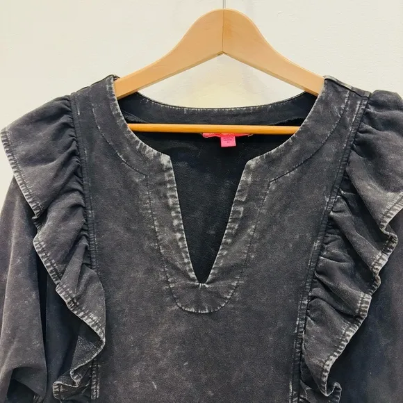 Betsey Johnson Acid Wash Split Neck Ruffle Mini Dress Long Sleeve Black Medium