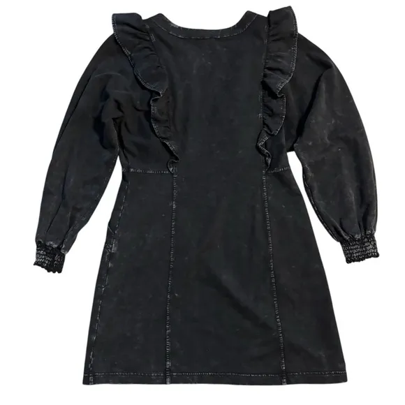Betsey Johnson Acid Wash Split Neck Ruffle Mini Dress Long Sleeve Black Medium