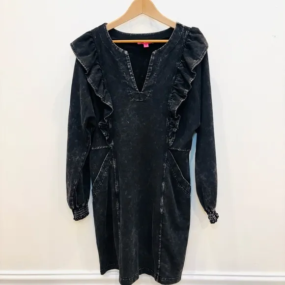 Betsey Johnson Acid Wash Split Neck Ruffle Mini Dress Long Sleeve Black Medium