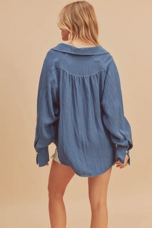 Blue Raw Hem Button Down Raglan Sleeve Shirt