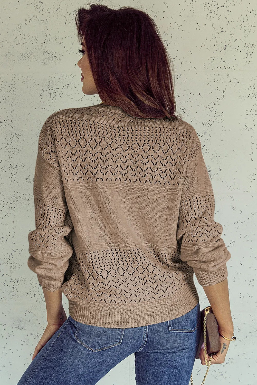 Camel Eyelet Pattern Detail V Neck Drop Shoulder Sweater