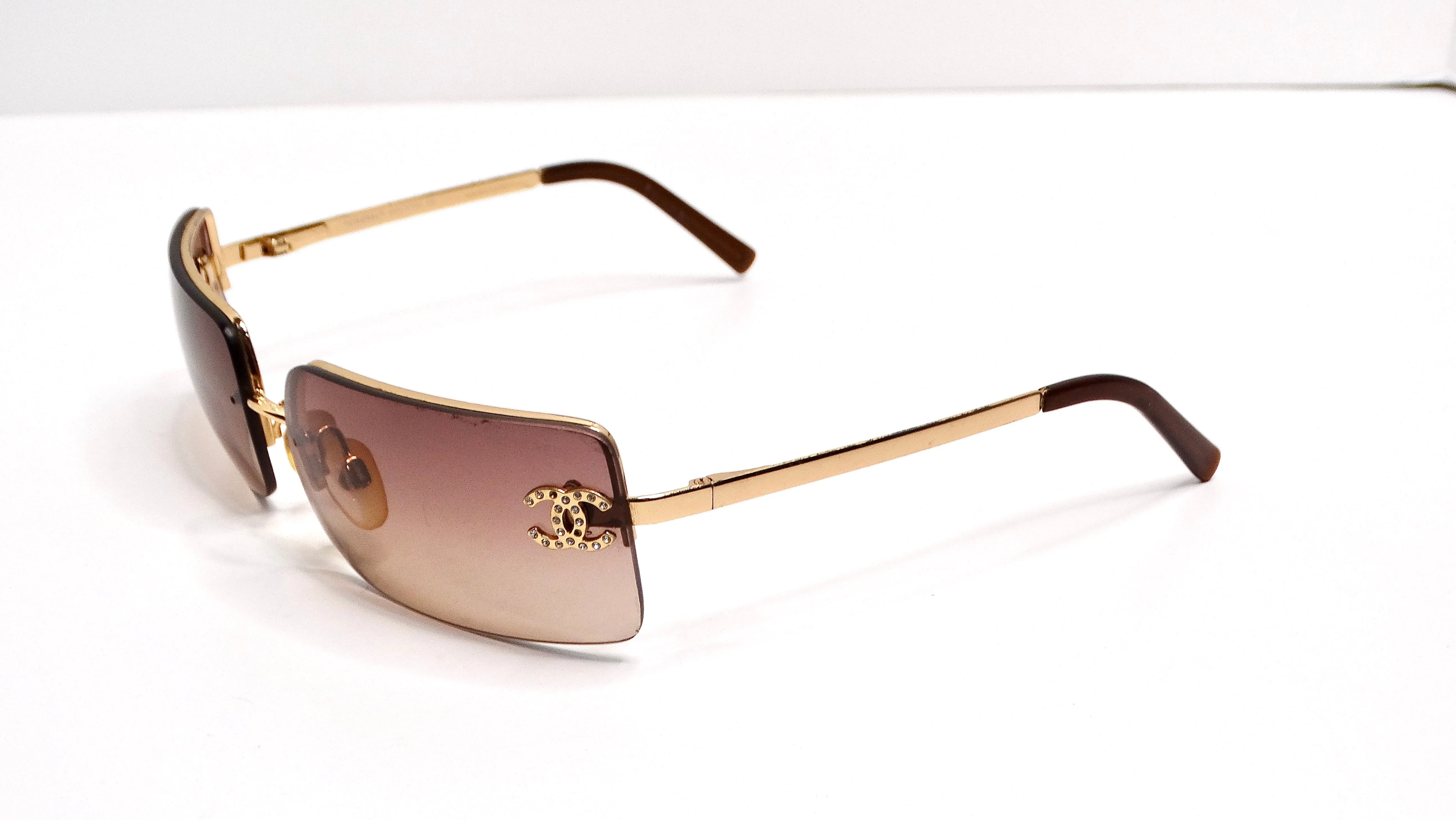 Chanel Y2K Rhinestone CC Rectangular Brown Ombre Sunglasses