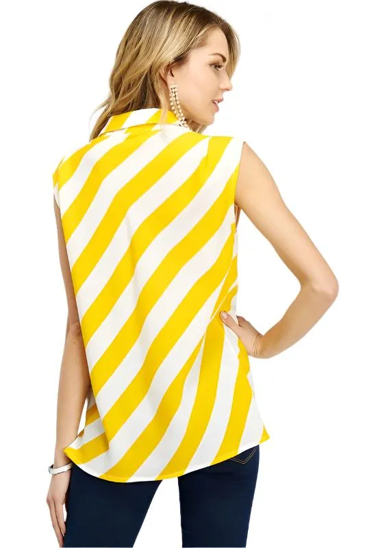 Diagonal Stripe Button Down Sleeveless Blouse