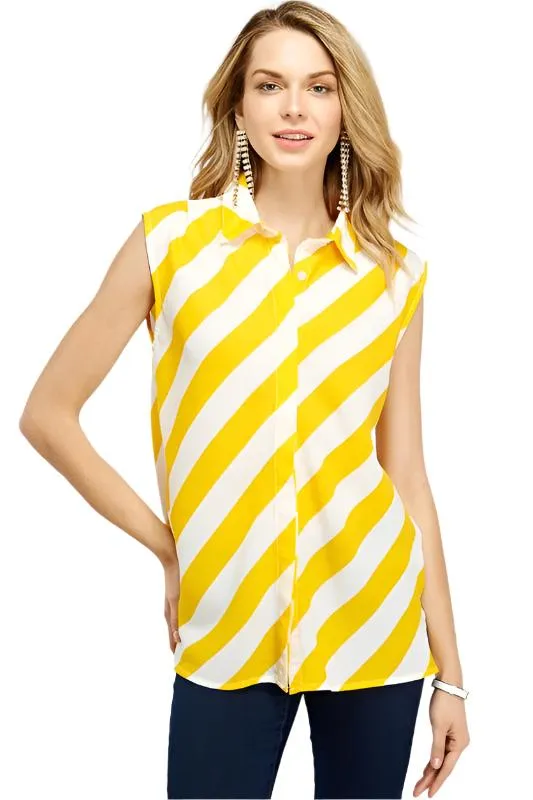 Diagonal Stripe Button Down Sleeveless Blouse