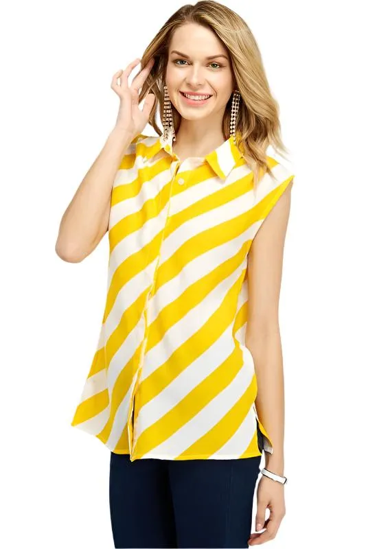 Diagonal Stripe Button Down Sleeveless Blouse