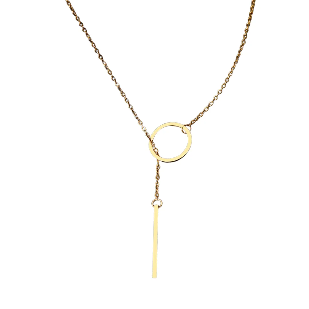 Gold Circle Lariat Bar Necklace