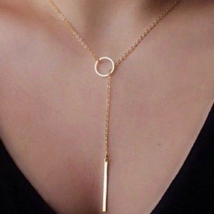 Gold Circle Lariat Bar Necklace