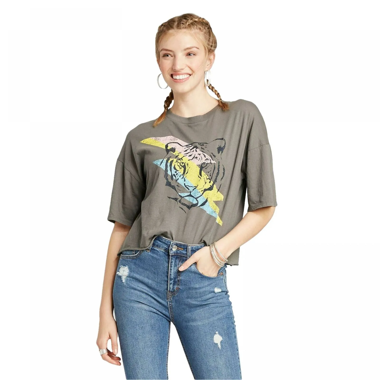 Grayson/Threads Women's Rainbow Bolt Tiger Elbow Sleeve Cropped T-Shirt