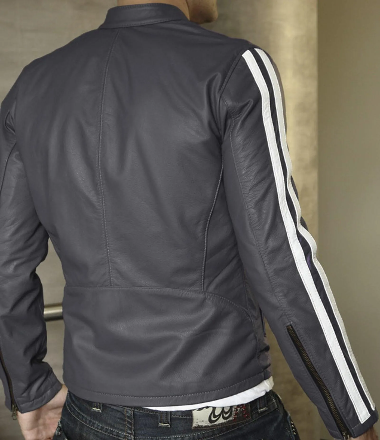 Men's Motorcycle Leather Jacket Gray MJ009