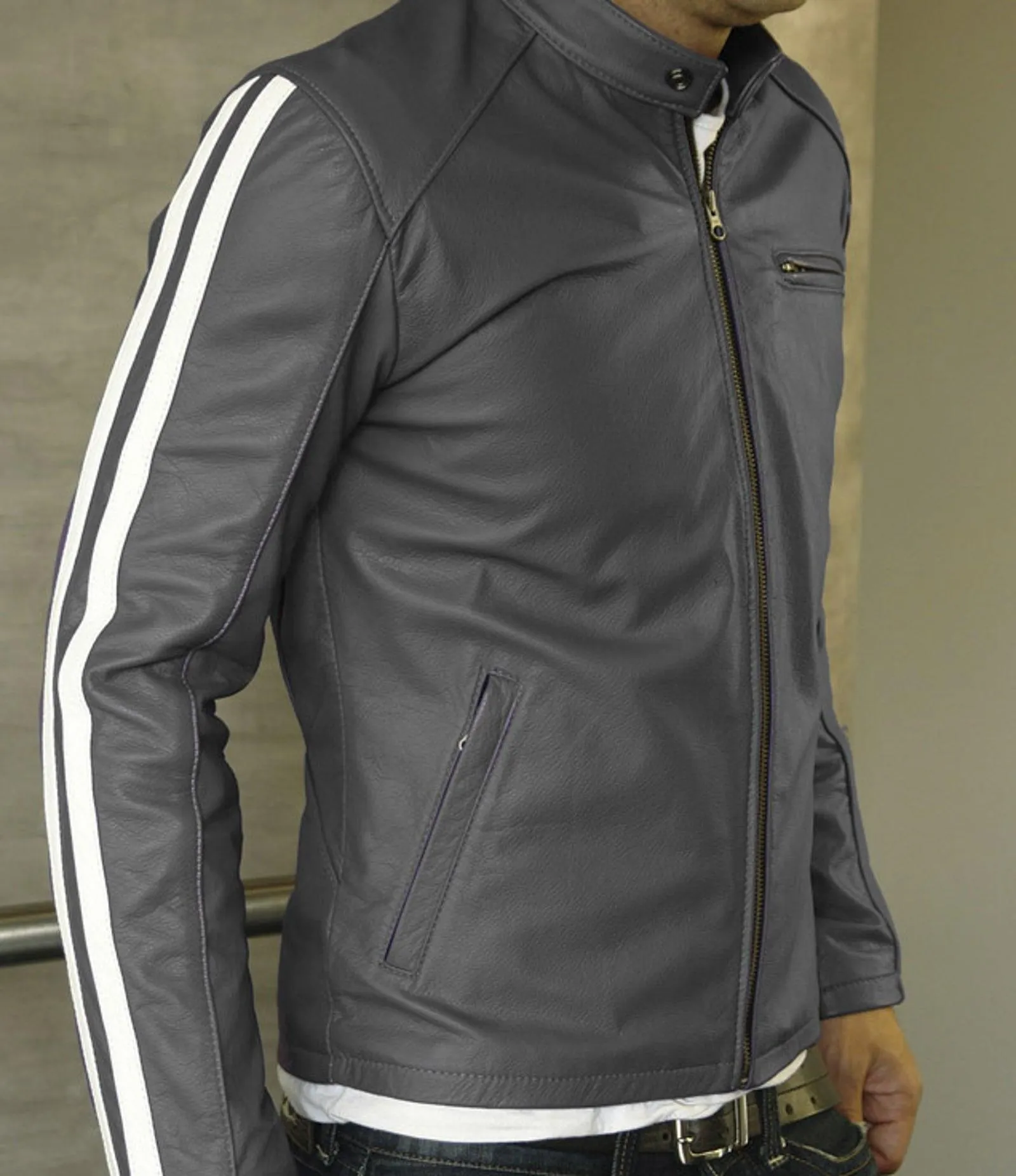 Men's Motorcycle Leather Jacket Gray MJ009