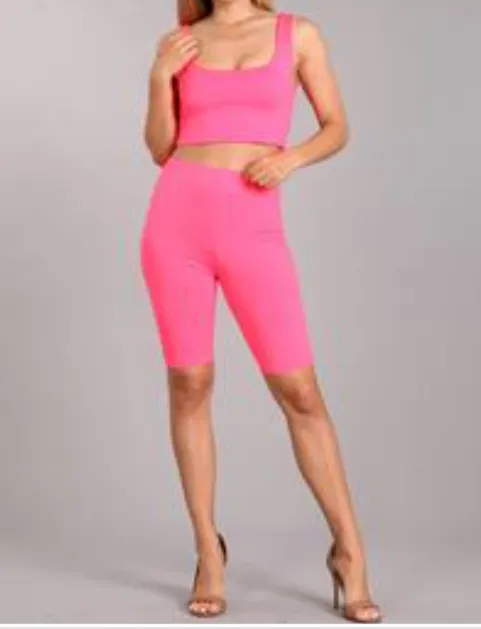pink biker short set neon pink