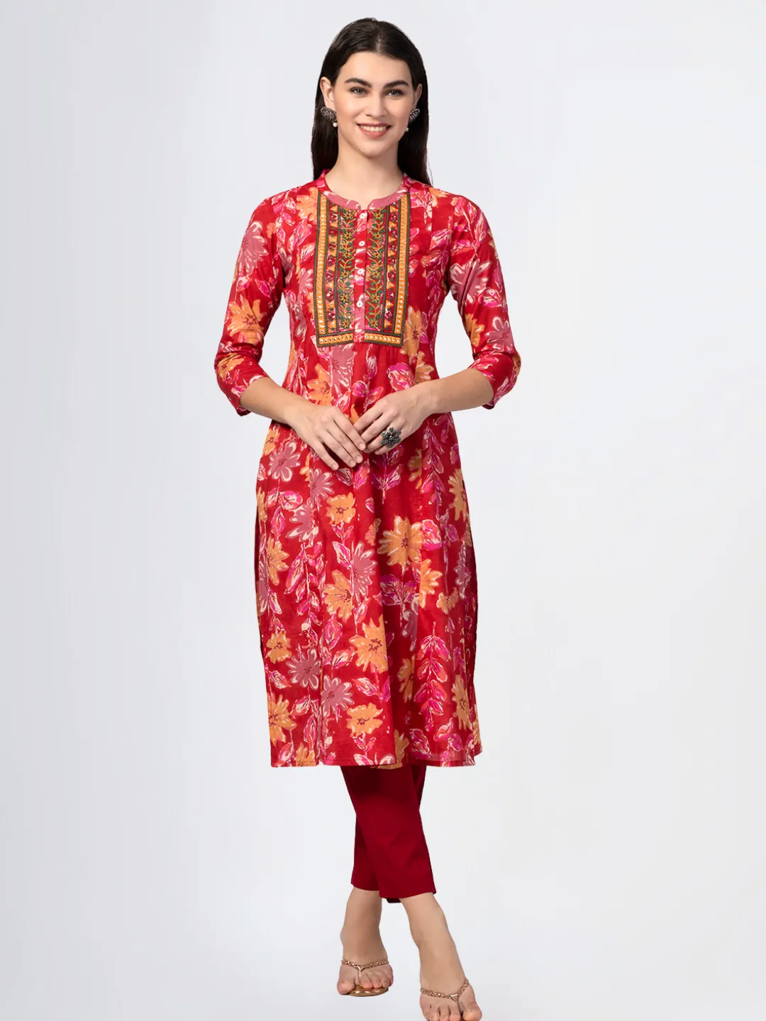 Red Cotton Printed Kurta with Embroidered Neck and Mirror Work