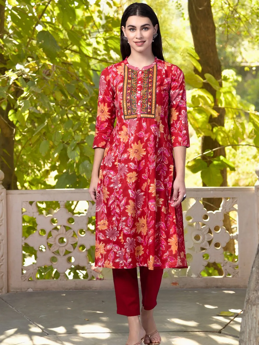 Red Cotton Printed Kurta with Embroidered Neck and Mirror Work