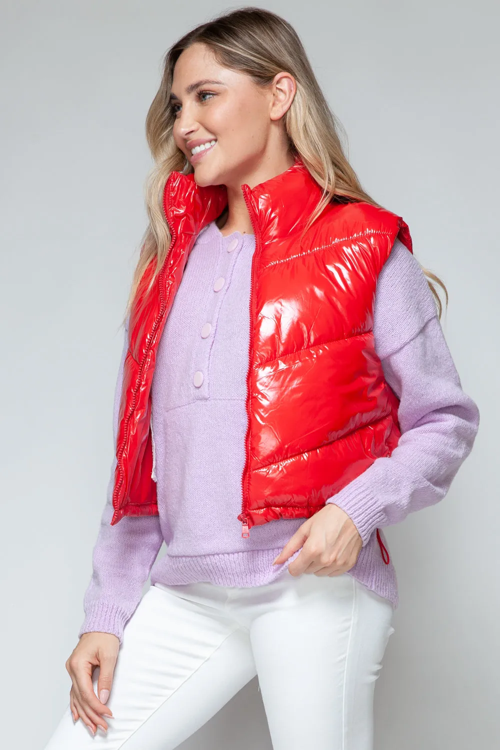 Red Zip Up Turtleneck Shiny Quilted Vest