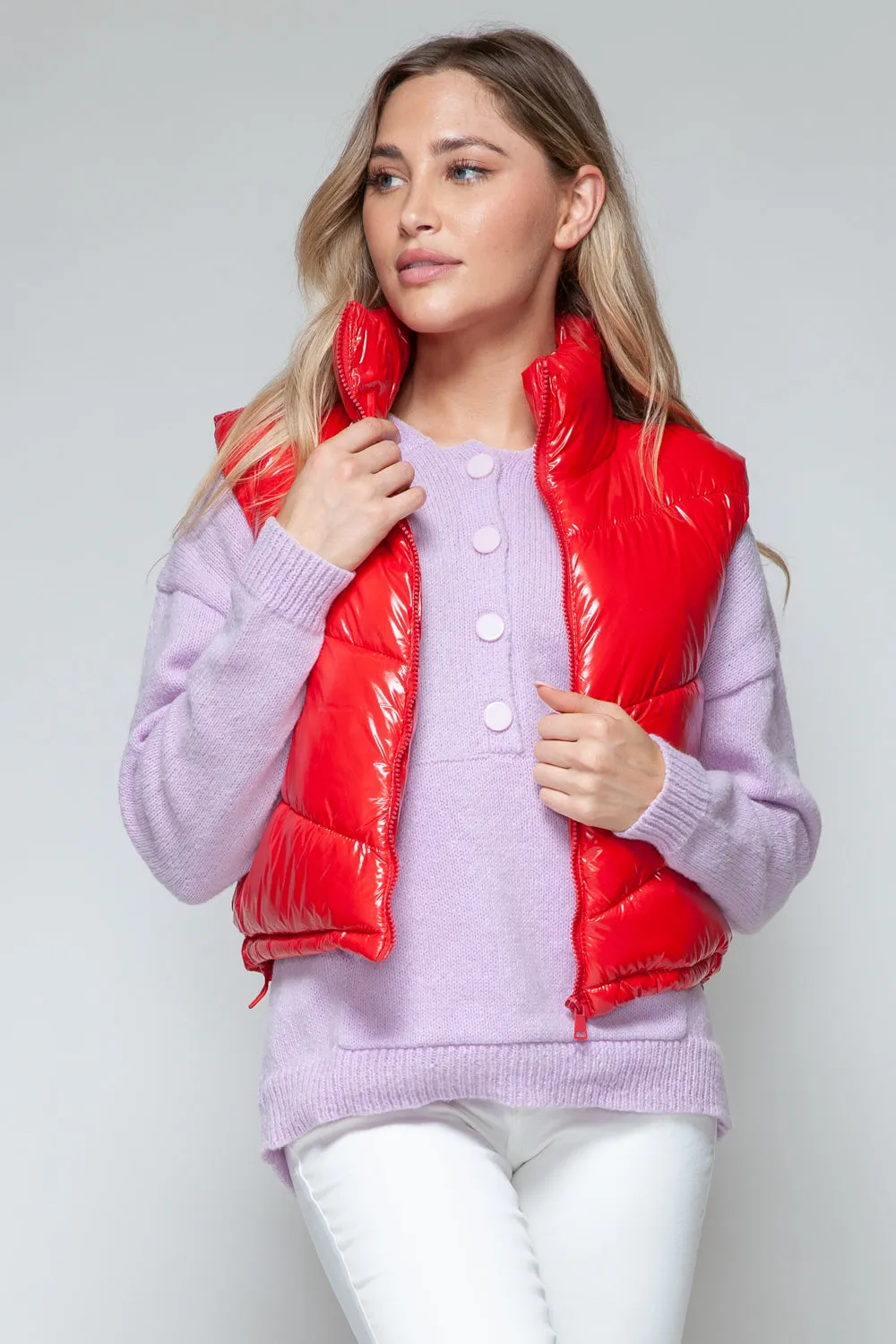 Red Zip Up Turtleneck Shiny Quilted Vest