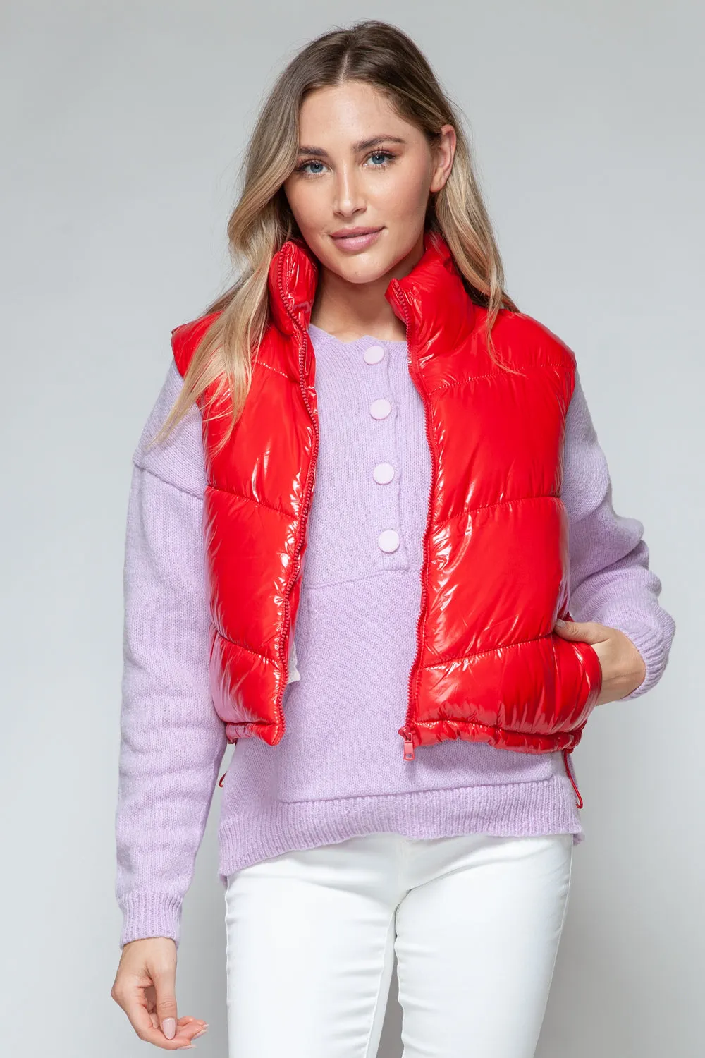 Red Zip Up Turtleneck Shiny Quilted Vest