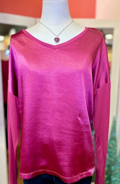 Satin and Jersey V-Neck Knit Top