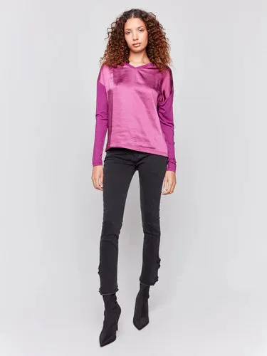 Satin and Jersey V-Neck Knit Top