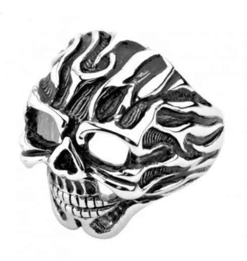 Stainless Steel Black Oxidized Flaming Skull Ring