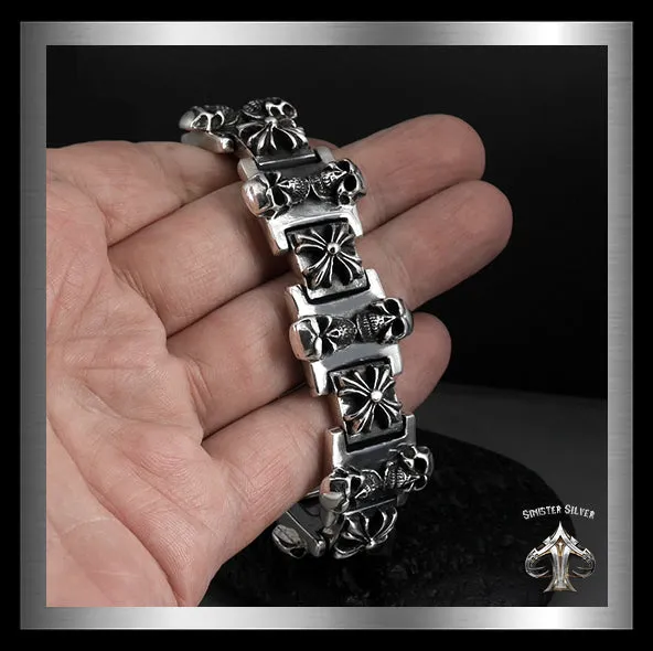 Sterling Silver Biker Bracelet Heavy Skull Maltese Cross Link
