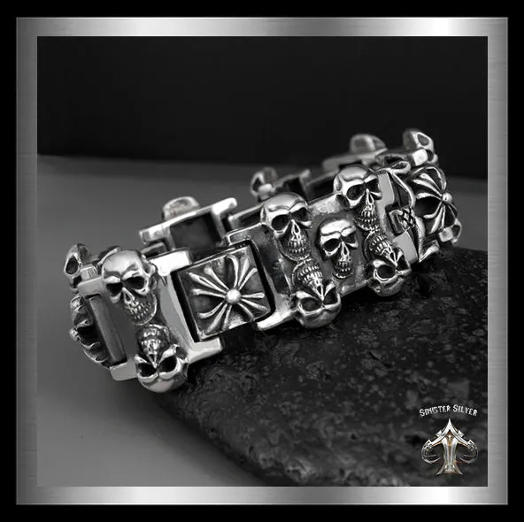 Sterling Silver Biker Bracelet Heavy Skull Maltese Cross Link