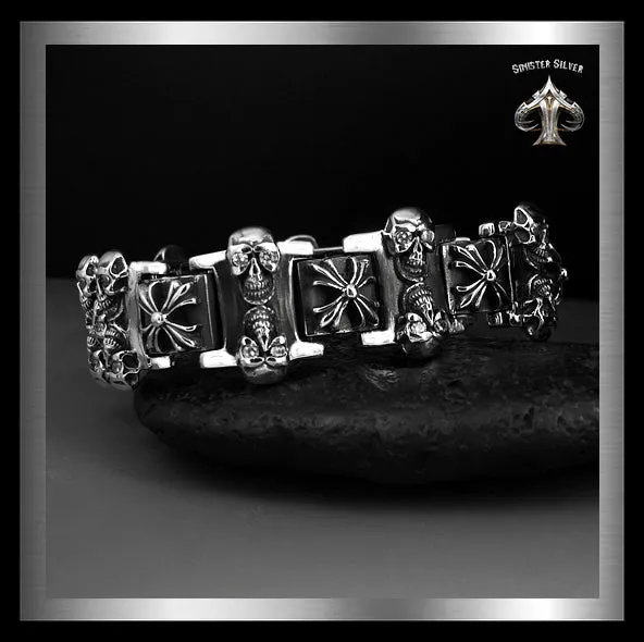 Sterling Silver Biker Bracelet Heavy Skull Maltese Cross Link