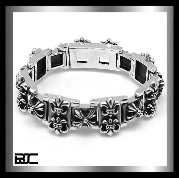 Sterling Silver Biker Bracelet Heavy Skull Maltese Cross Link