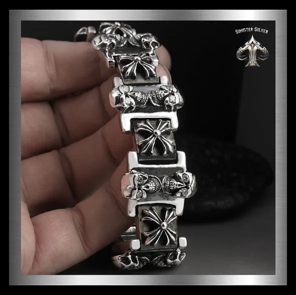 Sterling Silver Biker Bracelet Heavy Skull Maltese Cross Link