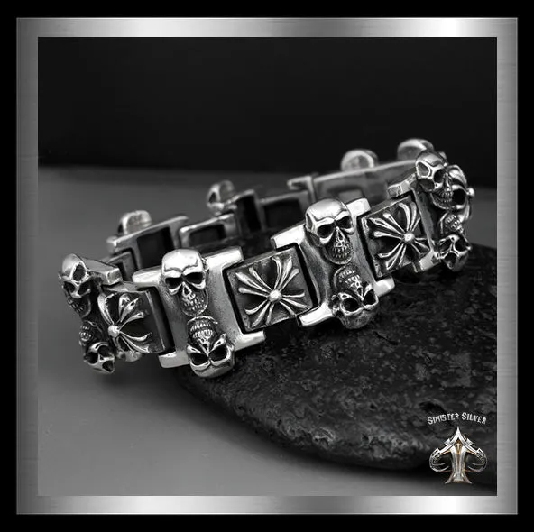 Sterling Silver Biker Bracelet Heavy Skull Maltese Cross Link