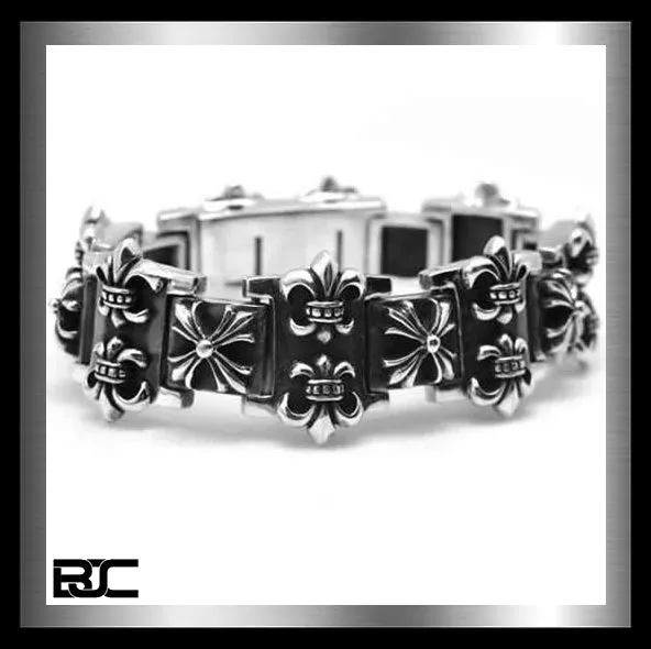 Sterling Silver Biker Bracelet Heavy Skull Maltese Cross Link