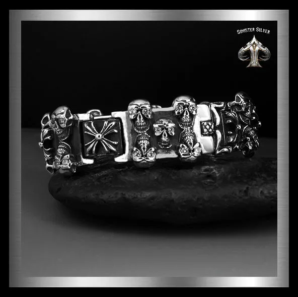 Sterling Silver Biker Bracelet Heavy Skull Maltese Cross Link