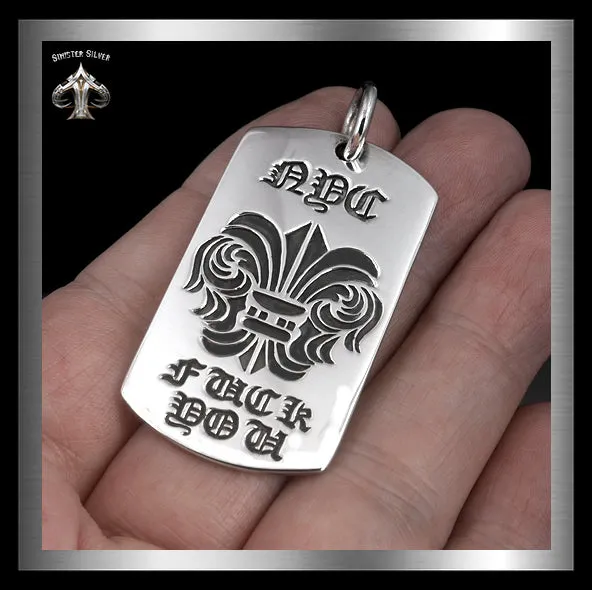 Sterling Silver Biker Fleur De Lis NYC Dog Tag Pendant