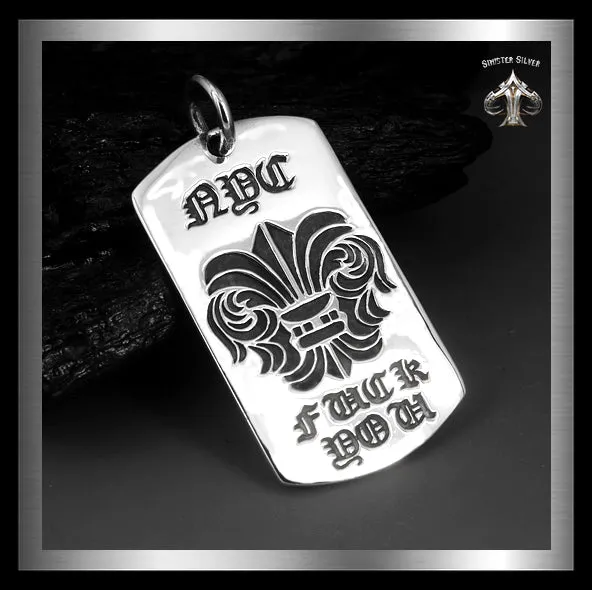Sterling Silver Biker Fleur De Lis NYC Dog Tag Pendant