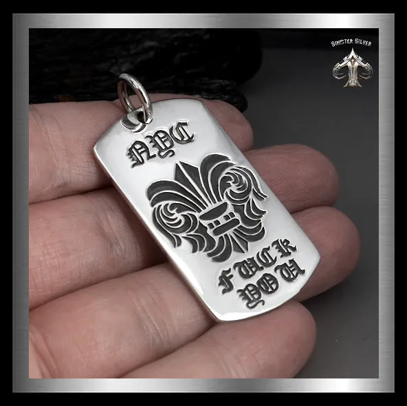 Sterling Silver Biker Fleur De Lis NYC Dog Tag Pendant