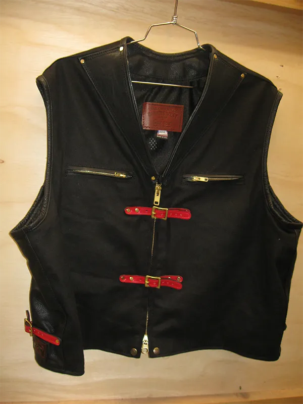 Sur Tan Original Lightweight Black Denim Biker's Vest with Leather Trim