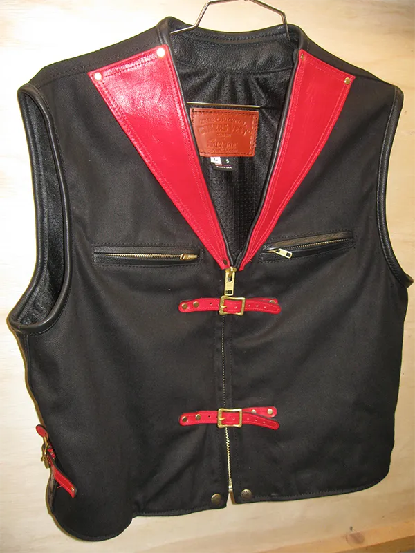 Sur Tan Original Lightweight Black Denim Biker's Vest with Leather Trim