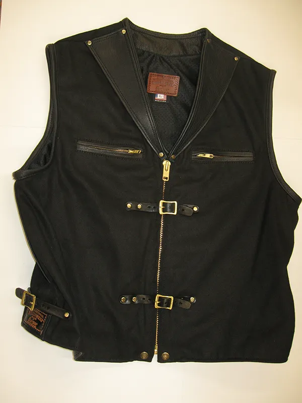 Sur Tan Original Lightweight Black Denim Biker's Vest with Leather Trim