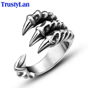 TrustyLan New US Size 7-12 Punk Rock Stainless Steel Mens Biker Rings Vintage Gothic Jewelry Silver Color Dragon Claw Ring Men