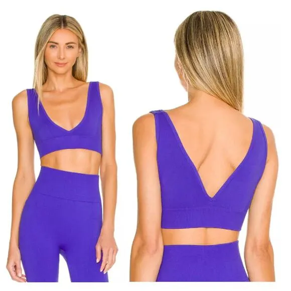 WeWoreWhat Sleeveless V-Neck Seamless Ribbed Sport Bra Sapphire Women's Size M