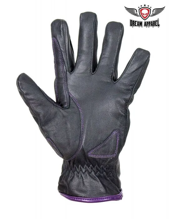 Womens Rose Graphic Embroidered Naked Leather Gloves, PINK OR PURPLE