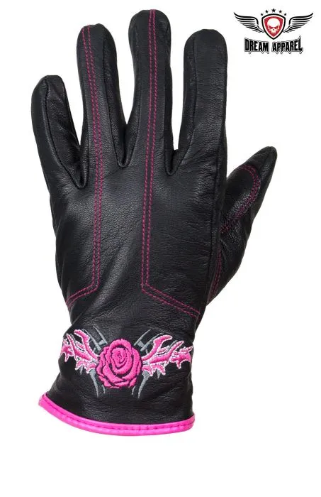 Womens Rose Graphic Embroidered Naked Leather Gloves, PINK OR PURPLE